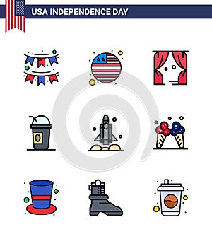 9 USA Flat Filled Line Pack of Independence Day Signs and Symbols of rocket; states; entertainment; limonade; america