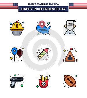 9 USA Flat Filled Line Signs Independence Day Celebration Symbols of party; celebrate; location pin; balloons; invitation