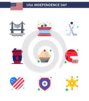 9 USA Flat Pack of Independence Day Signs and Symbols of muffin; cake; hokey; usa; drink