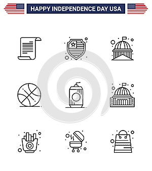 9 USA Line Pack of Independence Day Signs and Symbols of cola; usa; house; sports; backetball