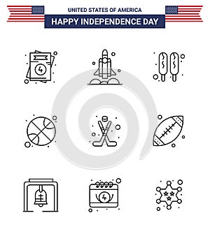 9 USA Line Signs Independence Day Celebration Symbols of hokey; day; usa; sports; basketball