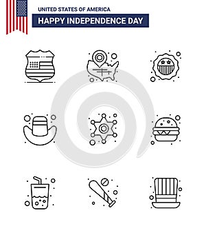 9 USA Line Signs Independence Day Celebration Symbols of police; hat; location pin; cap; flag