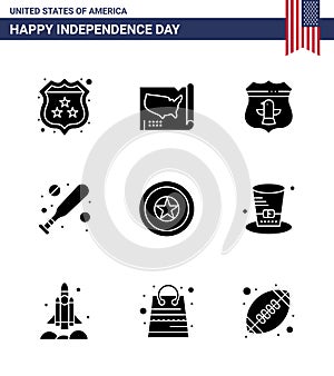 9 USA Solid Glyph Pack of Independence Day Signs and Symbols of independence day; holiday; sheild; hardball; baseball