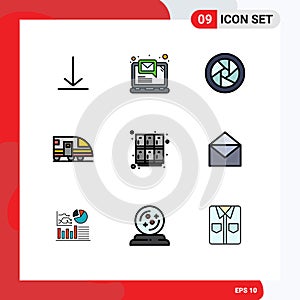 9 User Interface Filledline Flat Color Pack of modern Signs and Symbols of open, learning, camera eye, learn, train