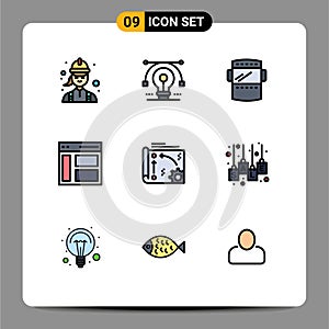 9 User Interface Filledline Flat Color Pack of modern Signs and Symbols of sidebar, interface, vector, communication, protection