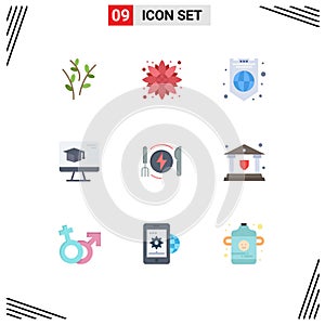 9 User Interface Flat Color Pack of modern Signs and Symbols of energy, graduation, global, education, computer