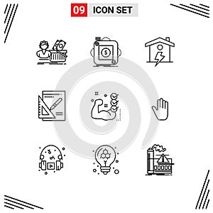 9 User Interface Outline Pack of modern Signs and Symbols of success, layout, application, graph, enrgy