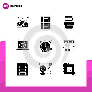 9 User Interface Solid Glyph Pack of modern Signs and Symbols of camera, laptop, pitch, multimedia, housekeeping