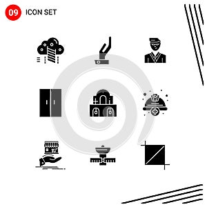 9 User Interface Solid Glyph Pack of modern Signs and Symbols of church, building, user, wardrobe, home