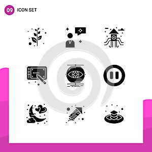 9 User Interface Solid Glyph Pack of modern Signs and Symbols of controls, monitoring, play ground, monitoring, visualize