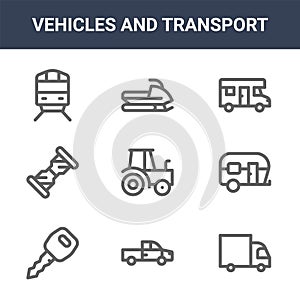 9 vehicles and transport icons pack. trendy vehicles and transport icons on white background. thin outline line icons such as