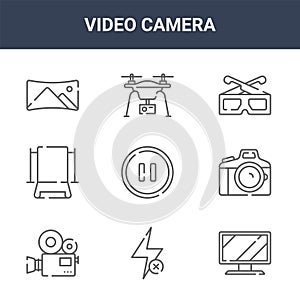 9 video camera icons pack. trendy video camera icons on white background. thin outline line icons such as tv monitor, photo camera