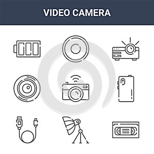 9 video camera icons pack. trendy video camera icons on white background. thin outline line icons such as vhs, mobile camera, rec