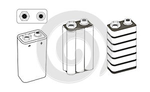 9 volt nickel, alkaline or lithium battery scheme. Battery inside. Isolated vector illustration.