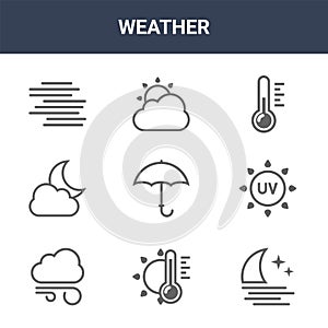 9 weather icons pack. trendy weather icons on white background. thin outline line icons such as moon, sun, cloud . weather icon