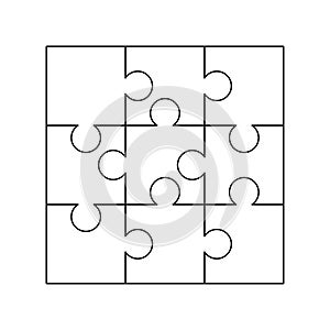 9 white puzzles pieces arranged in a square. Jigsaw Puzzle template ready for print. Cutting guidelines on white