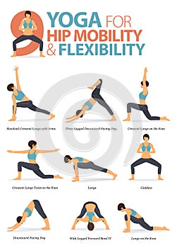 9 Yoga poses or asana posture for workout in Hip Flexibility concept. Women exercising for body stretching. Fitness infographic.