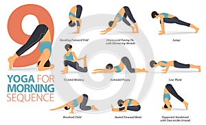 9 Yoga poses or asana posture for workout in Morning sequence concept. Women exercising for body stretching. Vector.