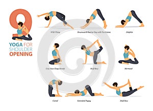 9 Yoga poses or asana posture for workout in shoulder opening concept. Women exercising for body stretching.
