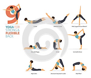 9 Yoga poses or asana posture for workout in Strong & flexible back concept. Yoga posture or asana for fitness infographic.