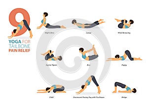 9 Yoga poses or asana posture for workout in tailbone pain relief concept. Women exercising body stretching. Fitness infographic.