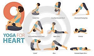 9 Yoga poses or asana posture for workout in Yoga for heart concept. Women exercising for body stretching. Fitness infographic