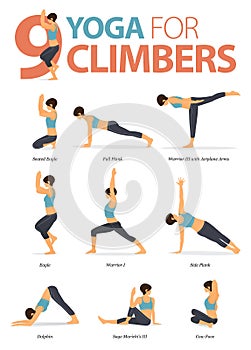 9 Yoga poses for climbers concept. Woman exercising for body stretching. Yoga posture or asana for fitness infographic.