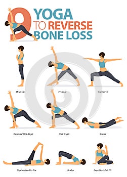 9 Yoga poses to reverse bone loss concept. Women exercising for body stretching. Yoga posture or asana for fitness infographic.