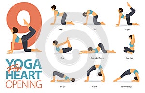 9 Yoga poses for workout at home in concept of yoga for heart opening in flat design. Woman exercising for body stretching.