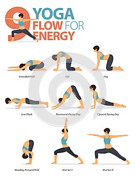 9 Yoga poses for workout in yoga flow for energy concept. Woman exercising for body stretching. Yoga posture or asana for fitness