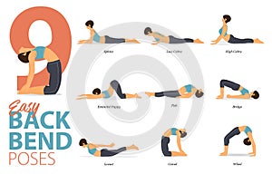 9 Yoga poses for yoga at home in concept of easy backbend in flat design. Woman exercising for body stretching.