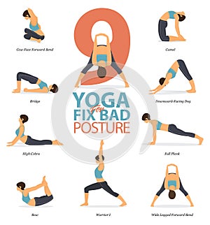 9 Yoga poses for Yoga at home in concept of fix bad posture in flat design. Woman is doing exercise for body stretching. Vector.