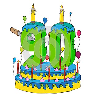 90 Birthday Cake With Number Ninety Candle, Celebrating Ninetieth Year of Life, Colorful Balloons and Chocolate Coating
