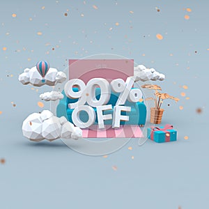 90 Ninety percent off 3d-illustration in cartoon style. Sale concept.