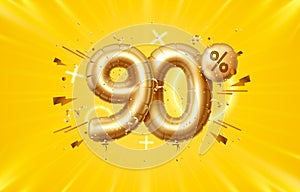 90 Off. Discount creative composition. 3d Golden sale symbol with decorative objects, heart shaped balloons, golden