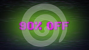 90 percent off discount sale message, cyberpunk neon glitch banner.