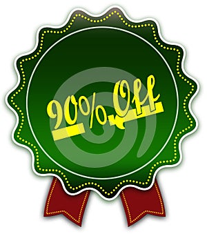 90 PERCENT OFF round green ribbon.