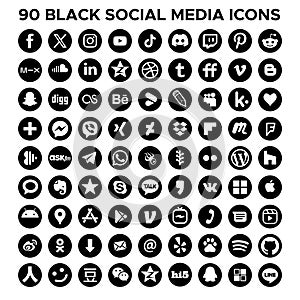 90 Round Social Media Icons complete vector black icon set ready for graphic and web design