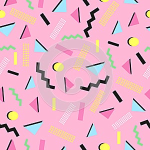 90's background with geometric colorful shapes pink background. Seamless fabric design pattern