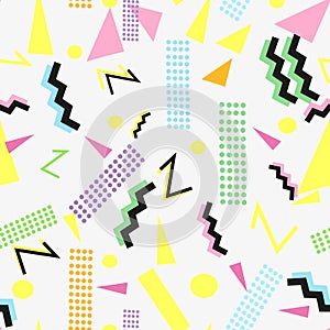 90's background with geometric colorful shapes. Seamless fabric design pattern
