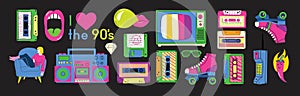 90's Big sticker set. Retro pc elements, user interface, camera, childhood, tape, game 90 icons in trendy y2k retro