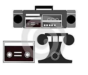 90\'s era 3d tape audio player cassette illustration cordless phone vector illustration