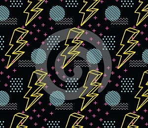90`s style seamless pattern with thunder bolt
