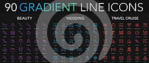 90 trendy gradient style thin line icons set of beauty, wedding, travel cruise isolated on black background.