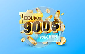 900 dollar coupon gift voucher, cash back banner special offer. Vector illustration