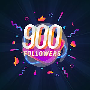 900 followers celebration in social media vector web banner on dark background. Nine hundred follows 3d Isolated design