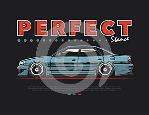 90s car vehicle in side appearance vector illustation with blue tone and perfect text design grahic