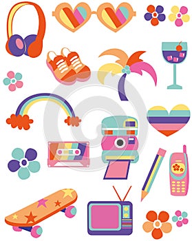 90s colourful sticker set. Collection of rainbow retro items. Vector illustration