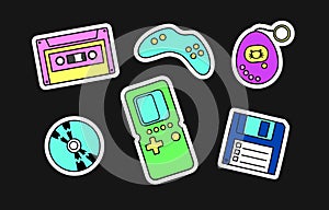 90s Devices Nostalgic Stickers Set. Retro gadgets for video games, data storage devices. 90s 00s style vector