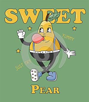 90s Fruit Funny Retro Groovy Cartoon Characters. Poster with Comic Character of Pear. Groovy Summer Vector Illustration